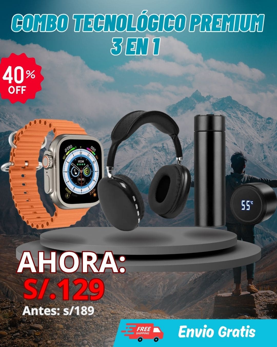 Combo Premium 3 en 1 : Smartwatch T 900 Ultra + Audifono P9 + Termo digital